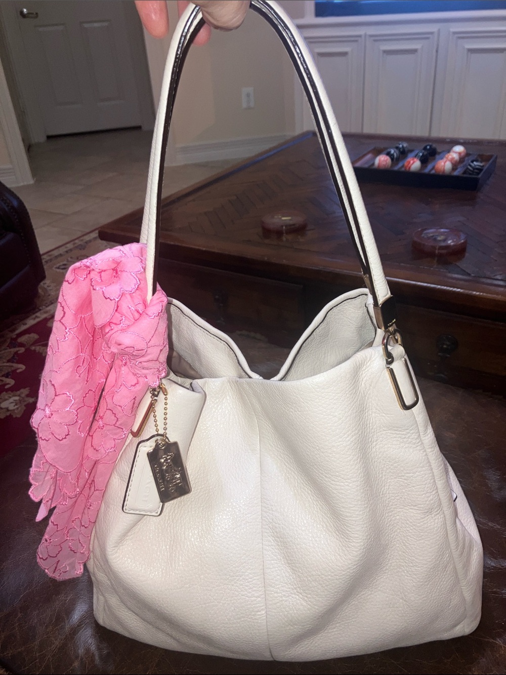 Coach Madison Phoebe Cream Pebble Leather w/gold hardware/pink scarf hobo bag